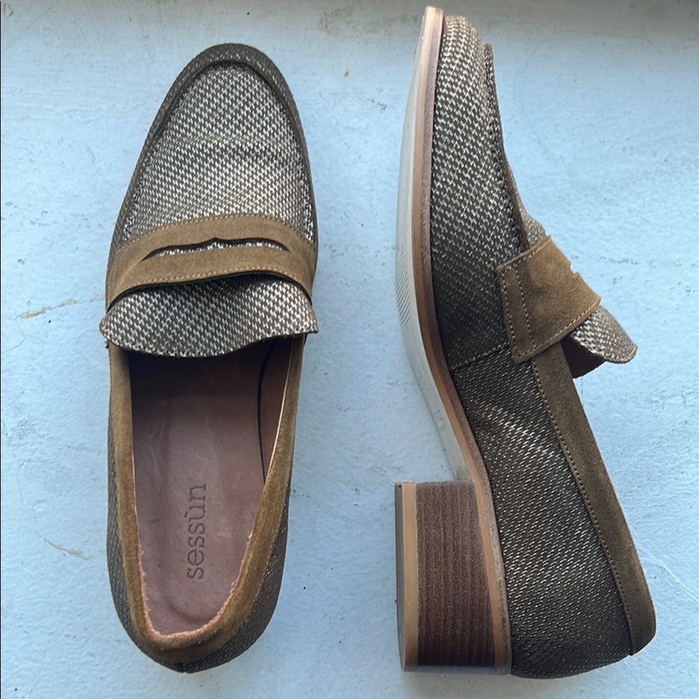 New Sessùn woven suede tan metallic amazing wooden heel loafers size 40